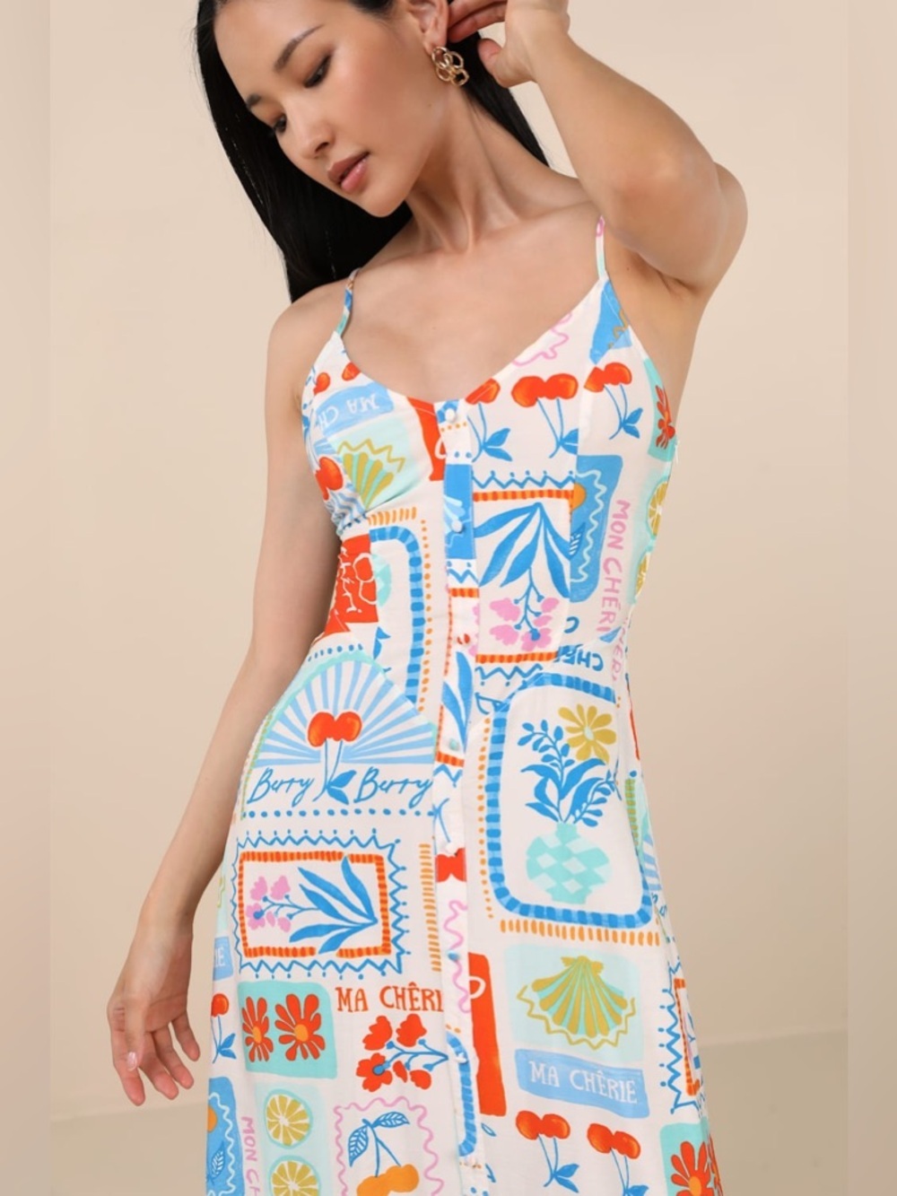 LULU’S Sanya Ivory Multi Print Button-Front Sleeveless Midi Dress - Picture 5 of 6